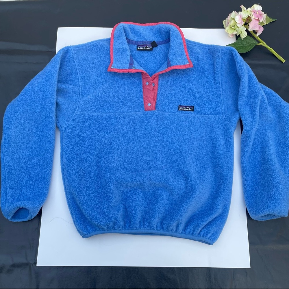 Blue Patagonia Fleece Pullover Snap Button Jacket big kids Size 10